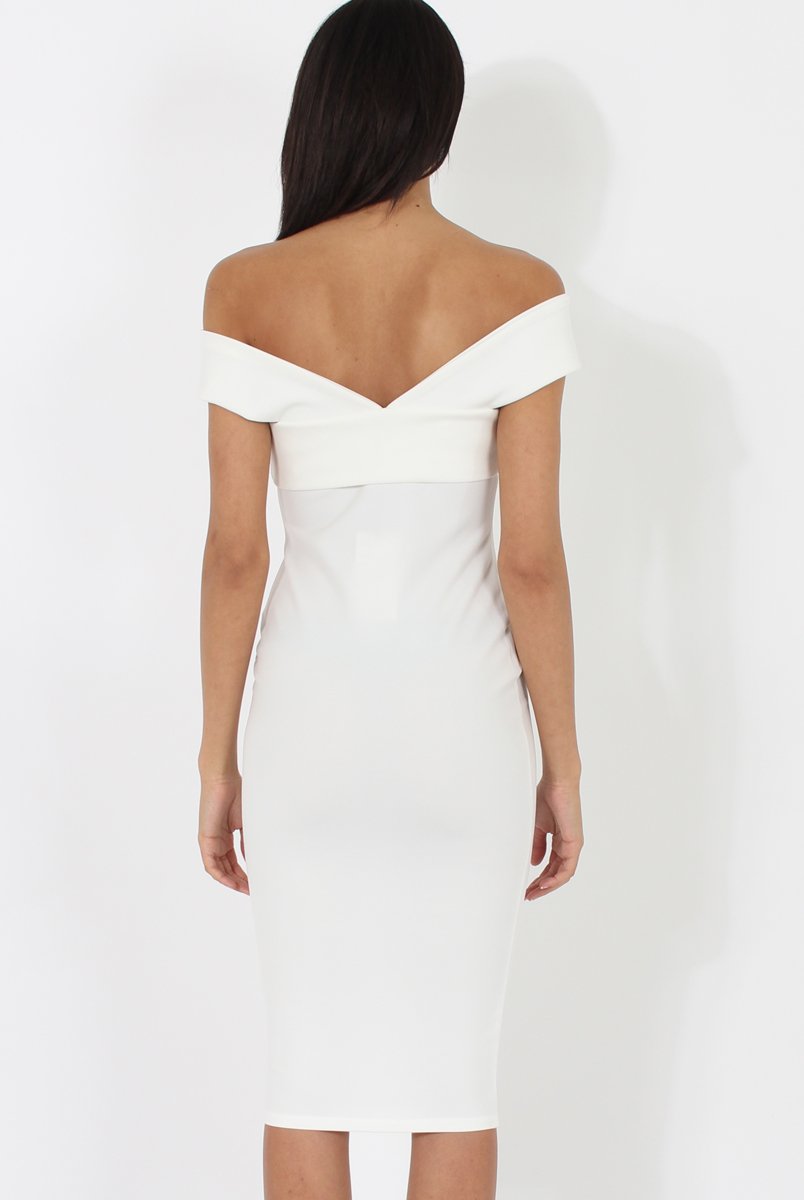 White Bardot Cross Over Detail Midi Dress- China-Dresses