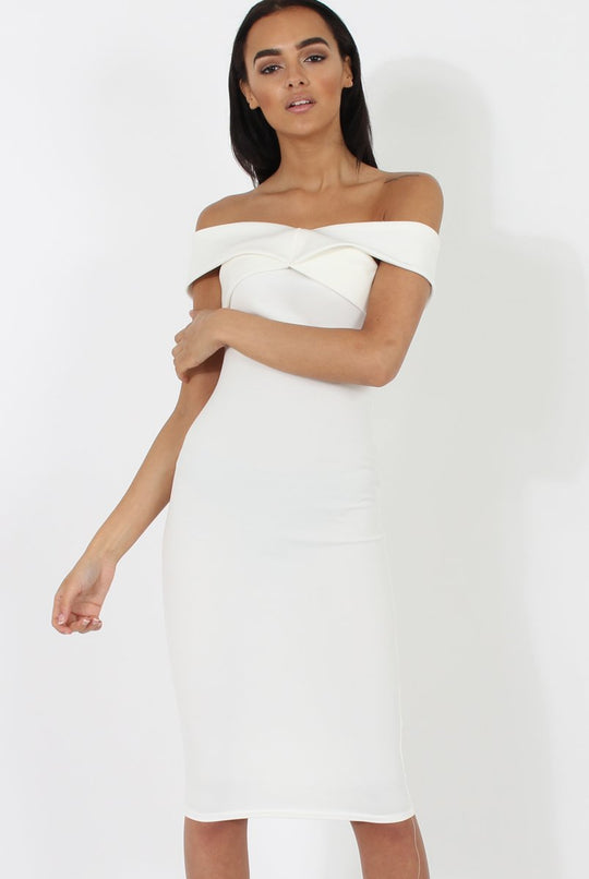 White Bardot Cross Over Detail Midi Dress- China