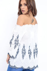 White Bardot Embroidered Top - Nylla-Tops