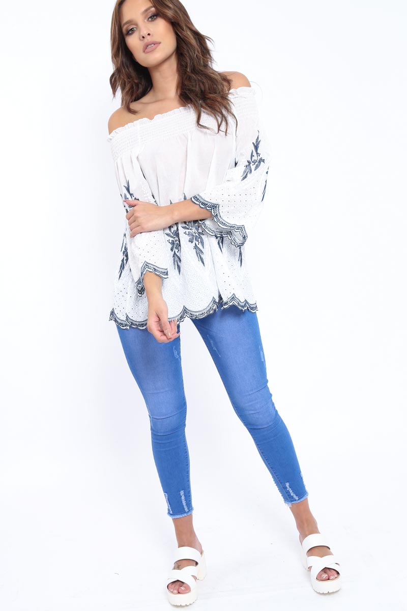 White Bardot Embroidered Top - Nylla-Tops
