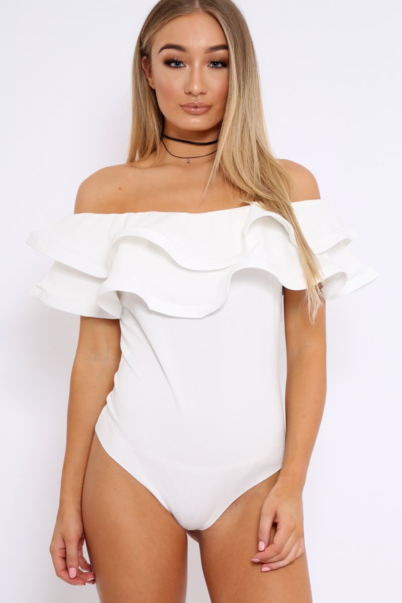 White Bardot Extreme Frill Bodysuit - Diandra-Bodysuits