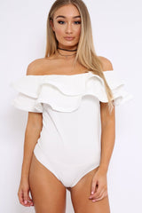 White Bardot Extreme Frill Bodysuit - Diandra-Bodysuits