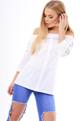 White Bardot Floral Embroidered Sleeve Blouse - Clarise-Tops