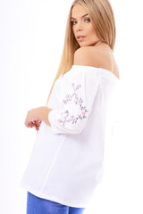 White Bardot Floral Embroidered Sleeve Blouse - Clarise-Tops