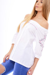White Bardot Floral Embroidered Sleeve Blouse - Clarise-Tops