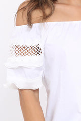 White Bardot Flower Crochet Top - Riella-Tops