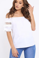 White Bardot Flower Crochet Top - Riella-Tops