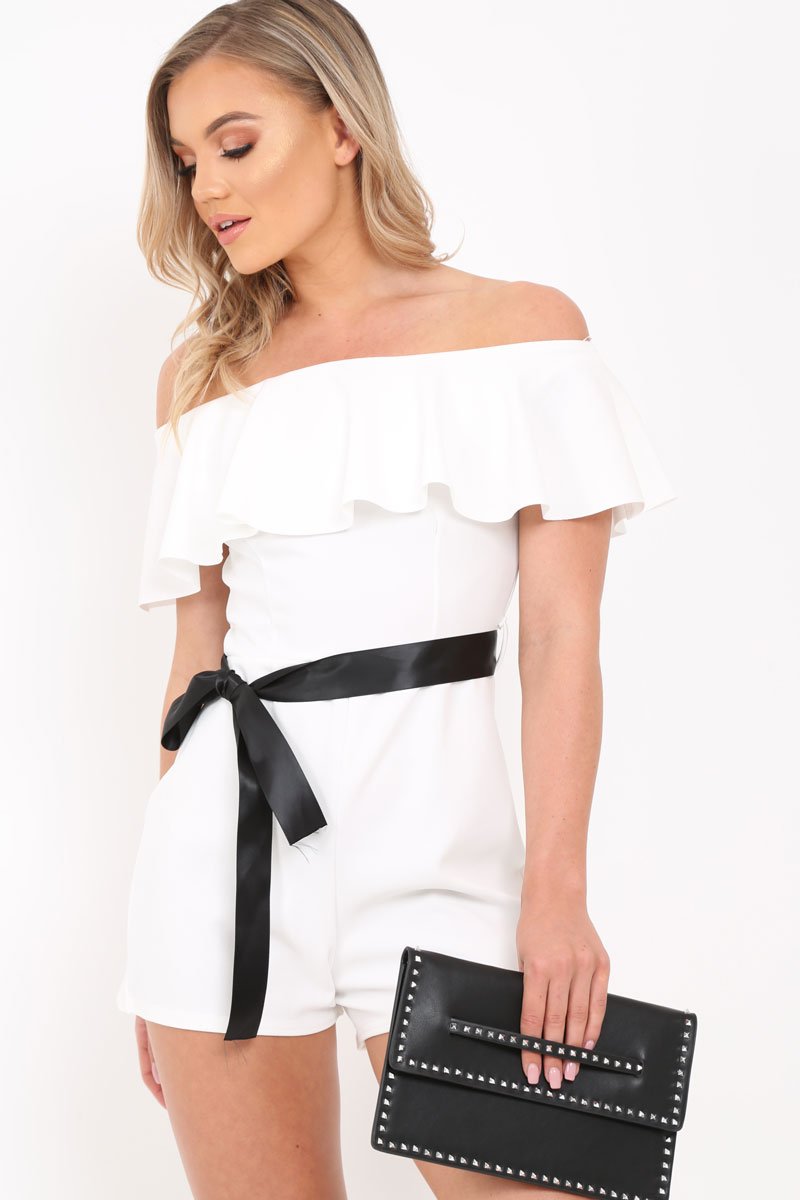 White Bardot Frill Belted Playsuit - Saffron-Playsuits