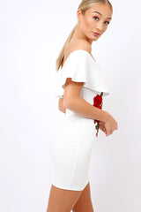 White Bardot Frill Bodycon Applique Dress - Leticia-Dresses