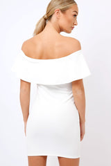 White Bardot Frill Bodycon Applique Dress - Leticia-Dresses