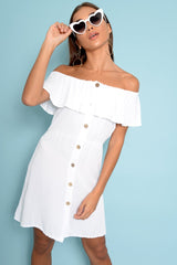White Bardot Frill Button Front Dress - Julissa-Dresses