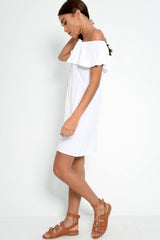 White Bardot Frill Button Front Dress - Julissa-Dresses