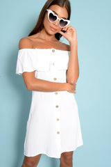White Bardot Frill Button Front Dress - Julissa-Dresses
