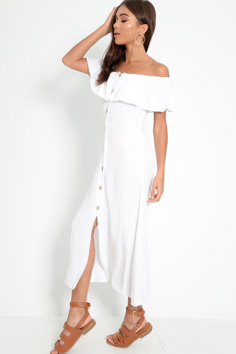 White Bardot Frill Button Front Midi Dress - Clancy-Dresses
