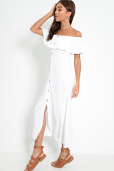 White Bardot Frill Button Front Midi Dress - Clancy-Dresses