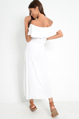 White Bardot Frill Button Front Midi Dress - Clancy-Dresses