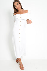 White Bardot Frill Button Front Midi Dress - Clancy-Dresses