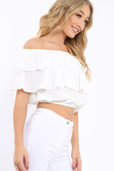 White Bardot Frill Crop Top - Laila-Crop Tops