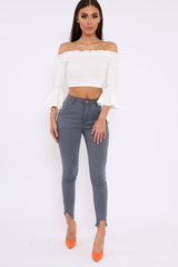 White Bardot Frill Crop Top with Flared Sleeves - Tiffy-Tops