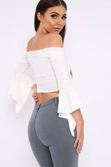White Bardot Frill Crop Top with Flared Sleeves - Tiffy-Tops