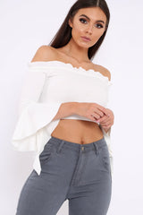 White Bardot Frill Crop Top with Flared Sleeves - Tiffy-Tops