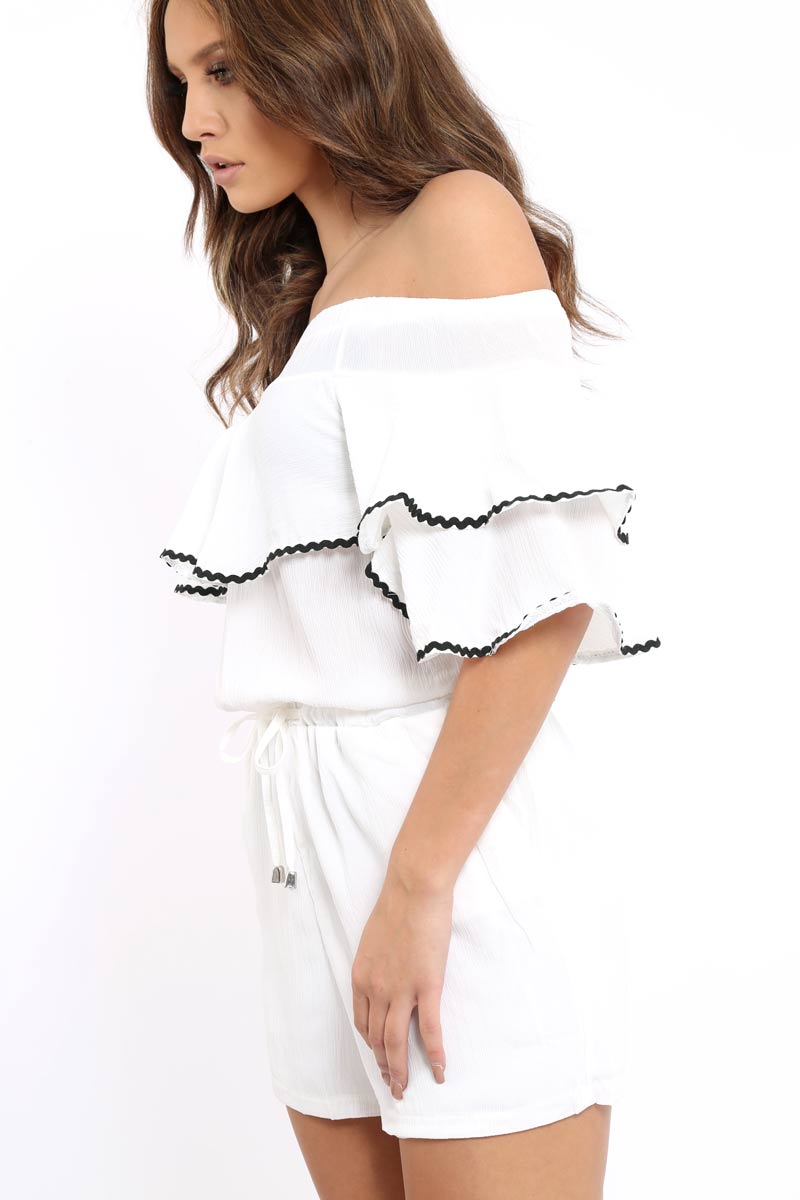 White Bardot Frill Drawstring Tie Playsuit - Micah-Playsuits