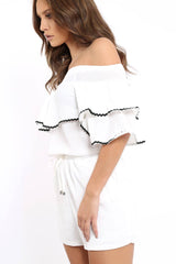 White Bardot Frill Drawstring Tie Playsuit - Micah-Playsuits