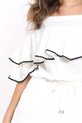 White Bardot Frill Drawstring Tie Playsuit - Micah-Playsuits