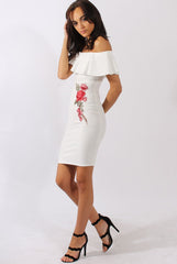 White Bardot Frill Embroidered Dress - Jasmine-Dresses