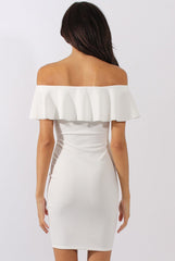White Bardot Frill Embroidered Dress - Jasmine-Dresses