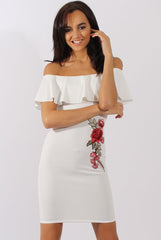 White Bardot Frill Embroidered Dress - Jasmine-Dresses