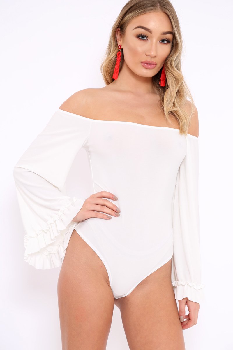 White Bardot Frill Flare Sleeve Bodysuit - Sofiya-Bodysuits