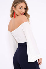 White Bardot Frill Flare Sleeve Bodysuit - Sofiya-Bodysuits