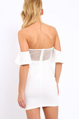 White Bardot Frill Lace up Front Bodycon Dress - Ciceley-Dresses