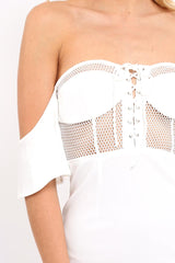 White Bardot Frill Lace up Front Bodycon Dress - Ciceley-Dresses