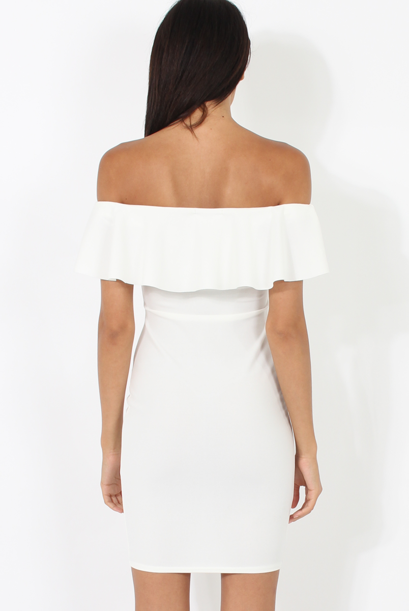 White Bardot Frill Midi Dress - Lily-Dresses