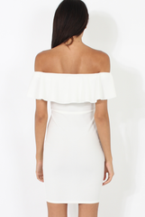 White Bardot Frill Midi Dress - Lily-Dresses
