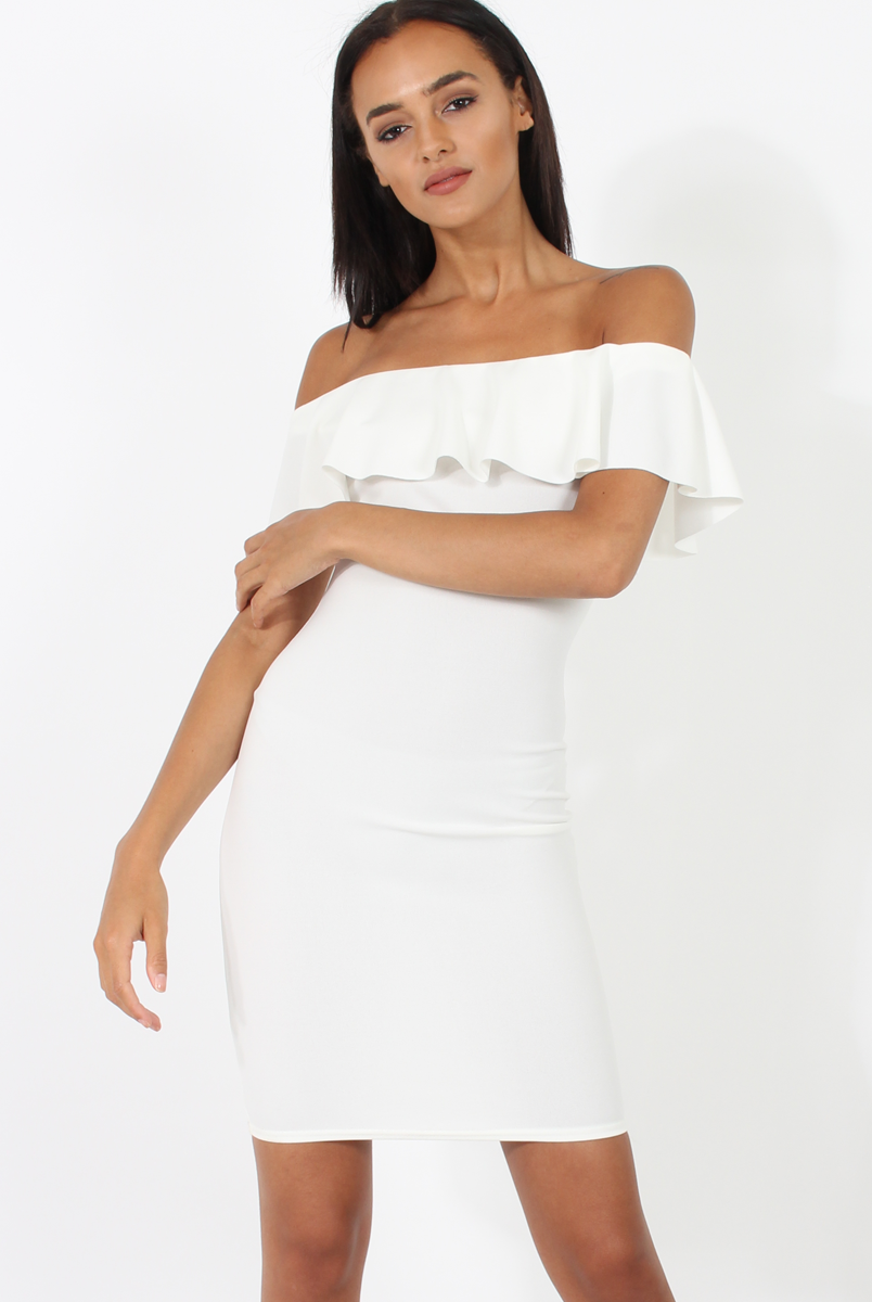 White Bardot Frill Midi Dress - Lily-Dresses