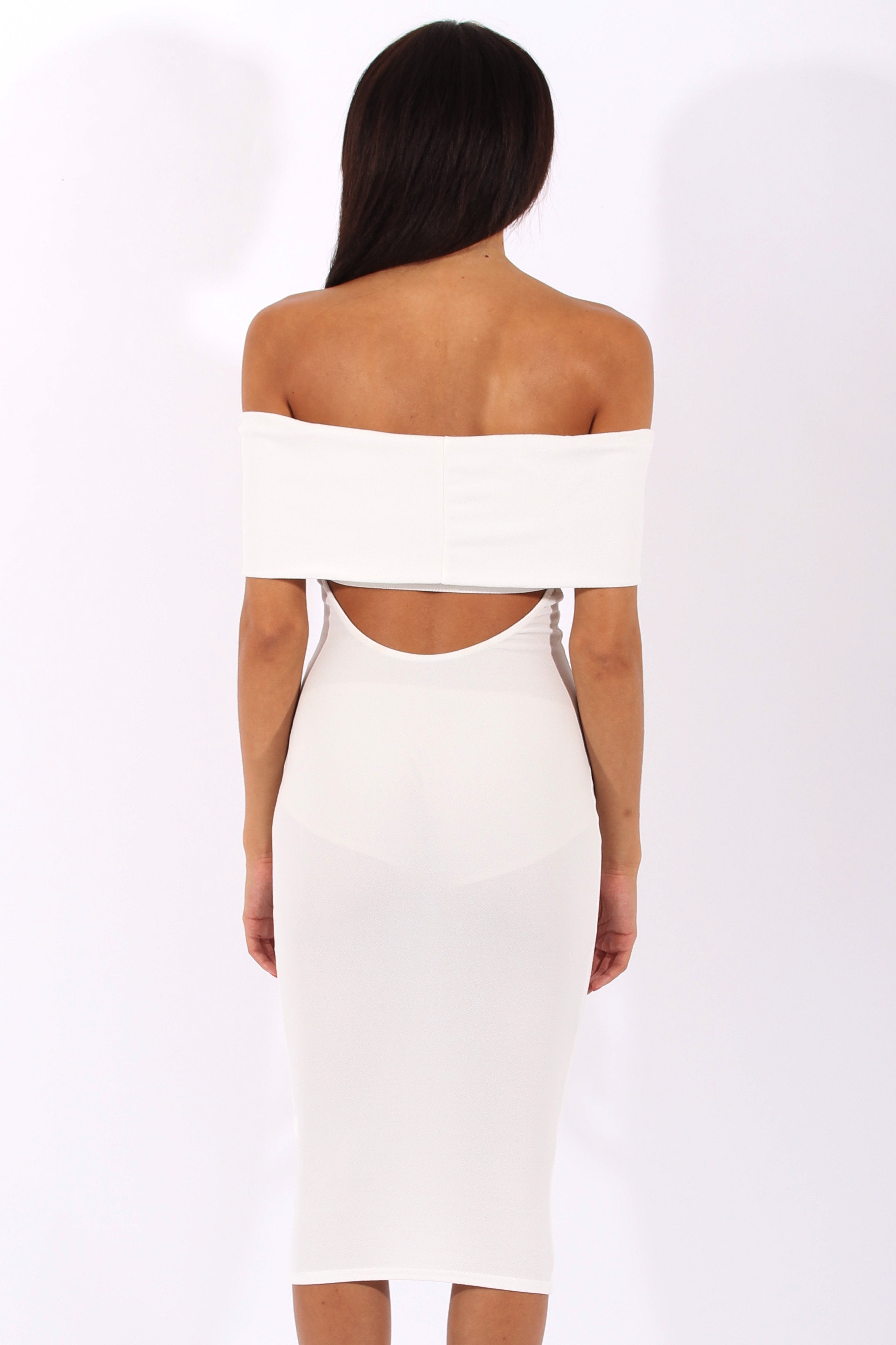 White Bardot Frill Open Back Midi Dress - Trish Rebellious Fashion White Bardot Frill Open Back Midi Dress - Trish Rebellious Fashion