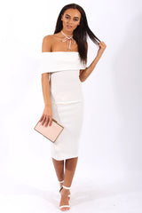 White Bardot Frill Open Back Midi Dress - Trish-Dresses