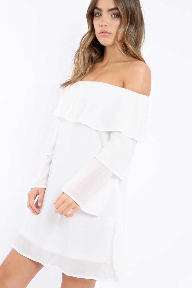White Bardot Frill Shift Dress - Lucina-Dresses