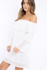 White Bardot Frill Shift Dress - Lucina-Dresses