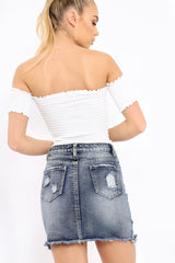 White Bardot Frill Shirred Crop Top - Kailah-Crop Tops