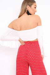 White Bardot Frill Sleeve Crop Top - Nancie-Crop Tops