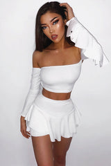 White Bardot Frill Sleeve Crop Top - Nancie-Crop Tops
