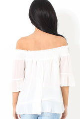White Bardot Frill Sleeve Top- Becka-Tops