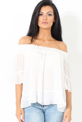 White Bardot Frill Sleeve Top- Becka-Tops