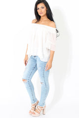 White Bardot Frill Sleeve Top- Becka-Tops