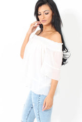 White Bardot Frill Sleeve Top- Becka-Tops