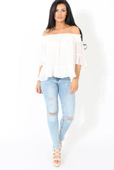 White Bardot Frill Sleeve Top- Becka-Tops